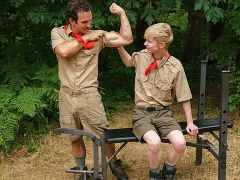 Piping hot Scoutleader disrobes and bangs greasy blonde man in someone's skin forest